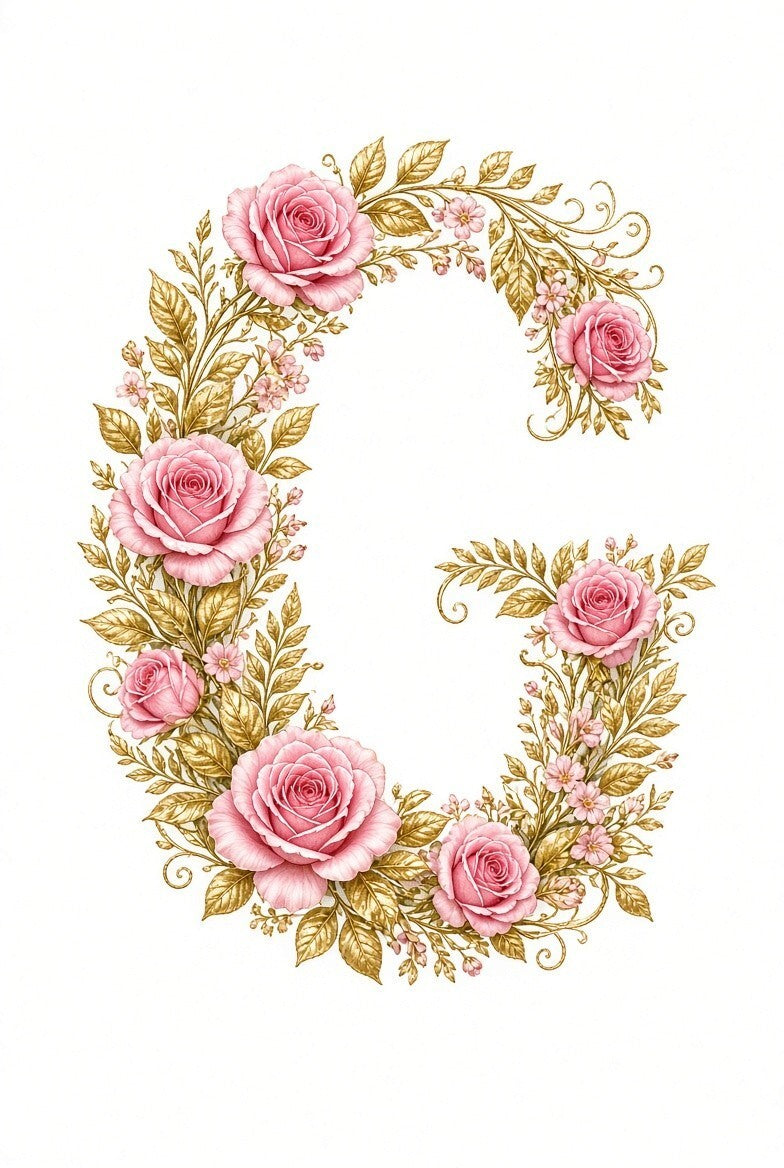 4pcs 10in Floral Letter G Pink Rose Gold DTF Transfer