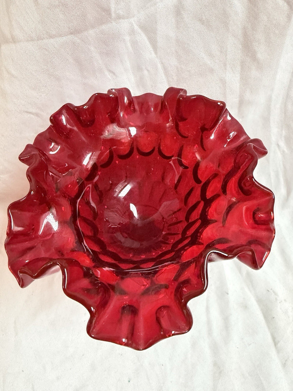 Vintage Ruby Red Hobnail Ruffled Compote Pedestal Candy Dish 6” Tall Glass