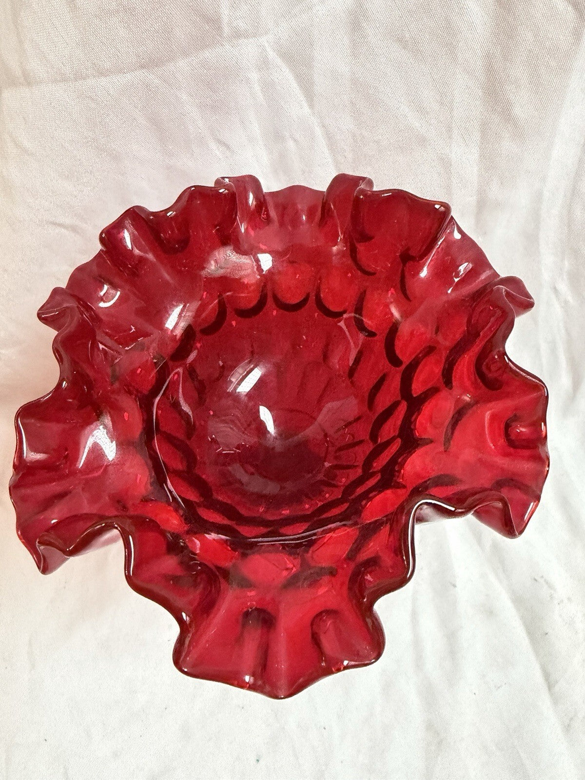 Vintage Ruby Red Hobnail Ruffled Compote Pedestal Candy Dish 6” Tall Glass