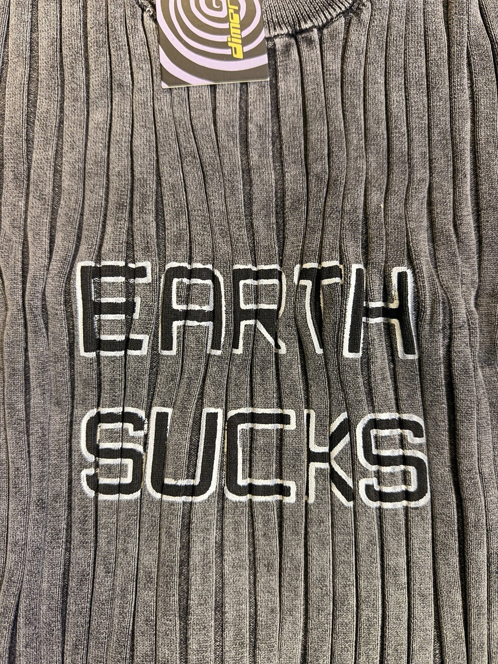 Sixth Dimension Earth Sucks Ribbed Long Sleeve Shirt Brown Gray Y2K Streetwear