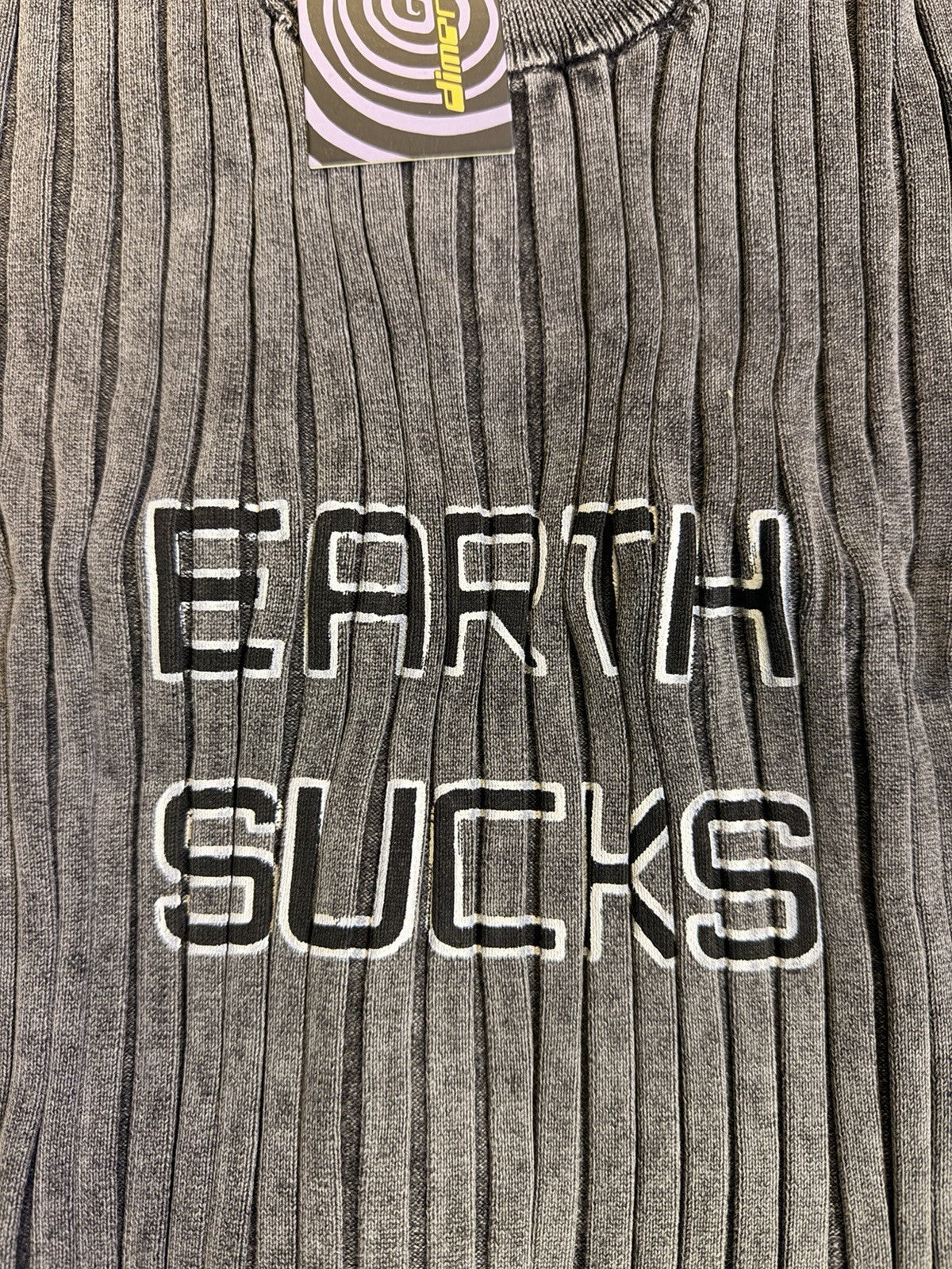 Sixth Dimension Earth Sucks Ribbed Long Sleeve Shirt Brown Gray Y2K Streetwear