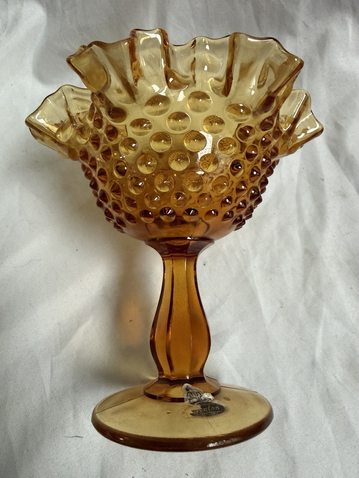 Fenton Amber Hobnail Glass Compote – Vintage Pedestal Candy Dish - Ruffled Rim