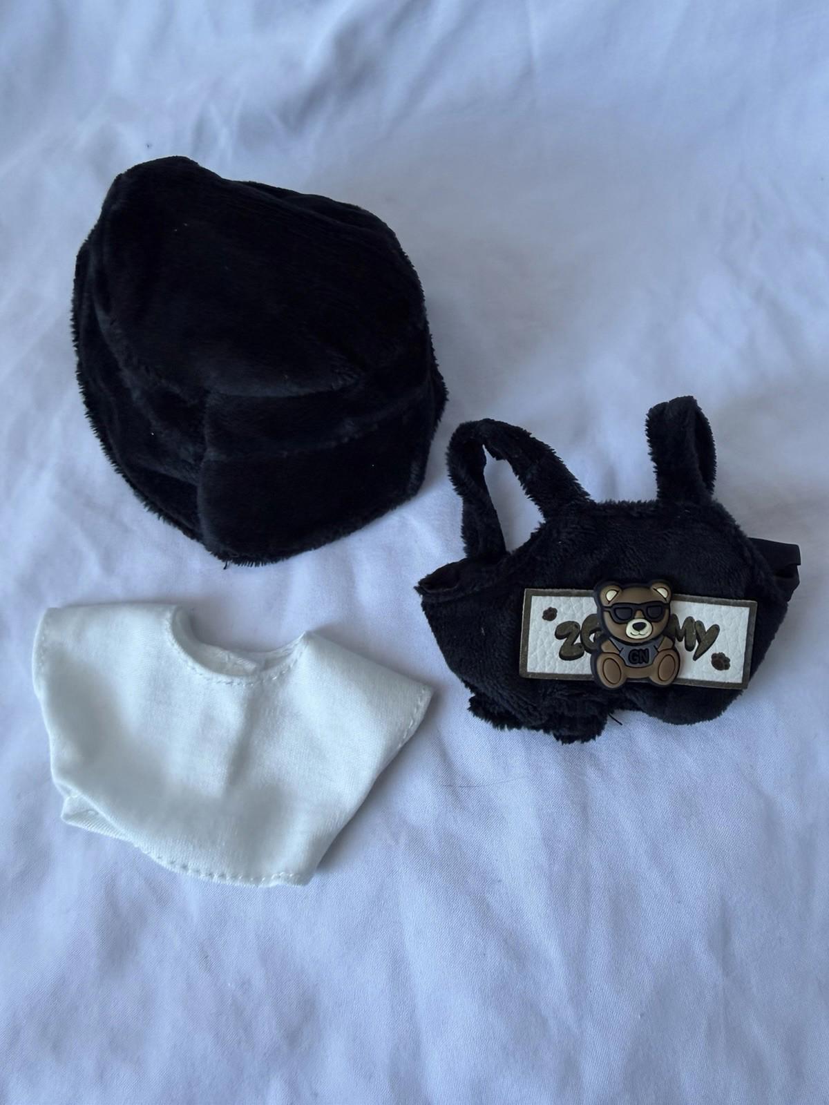 Labubu Style Doll Outfit Black Bear Overalls Hat Shirt Plush Figure Clothes