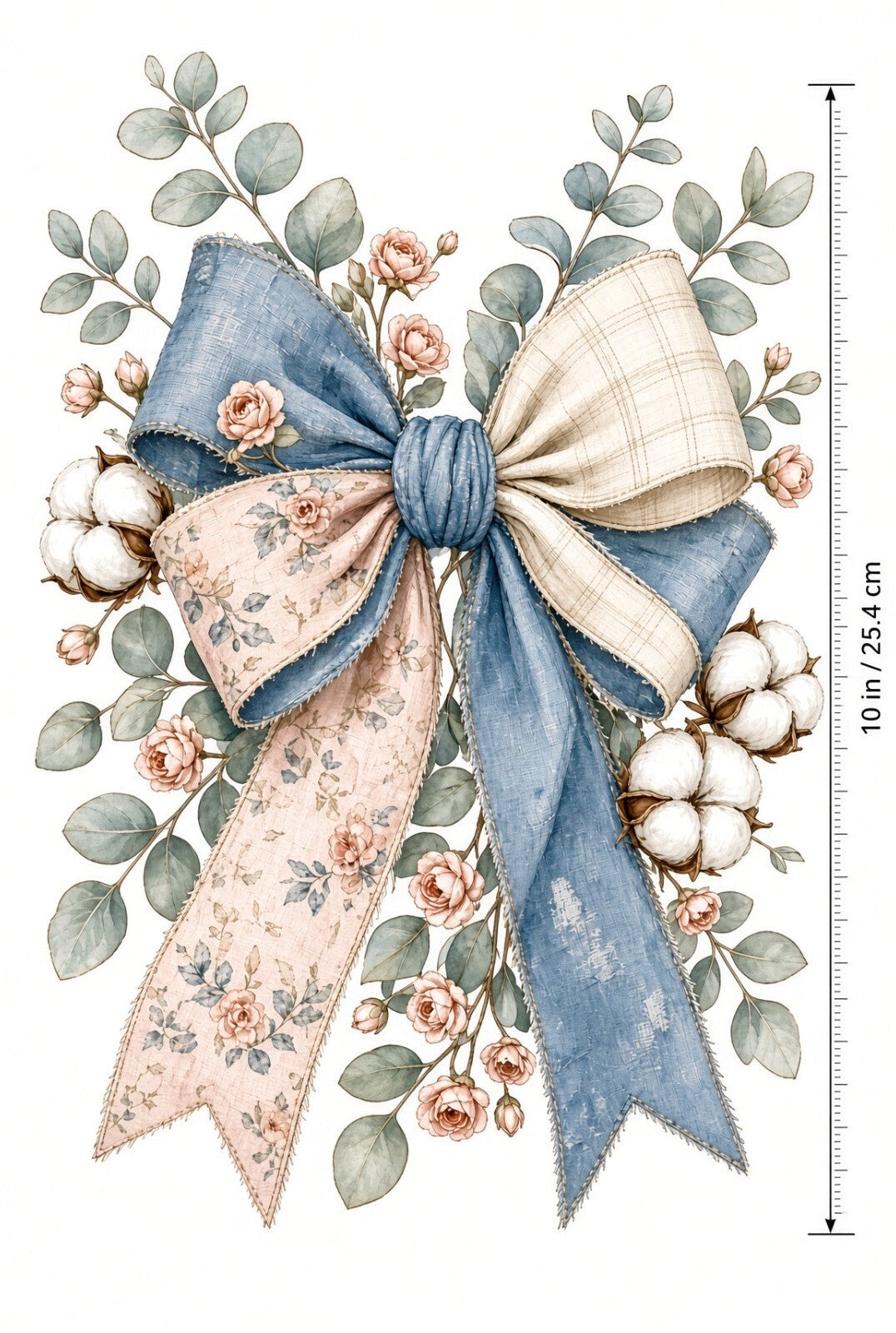 4pcs 10in Farmhouse Floral Bow Cotton Rose DTF Transfer