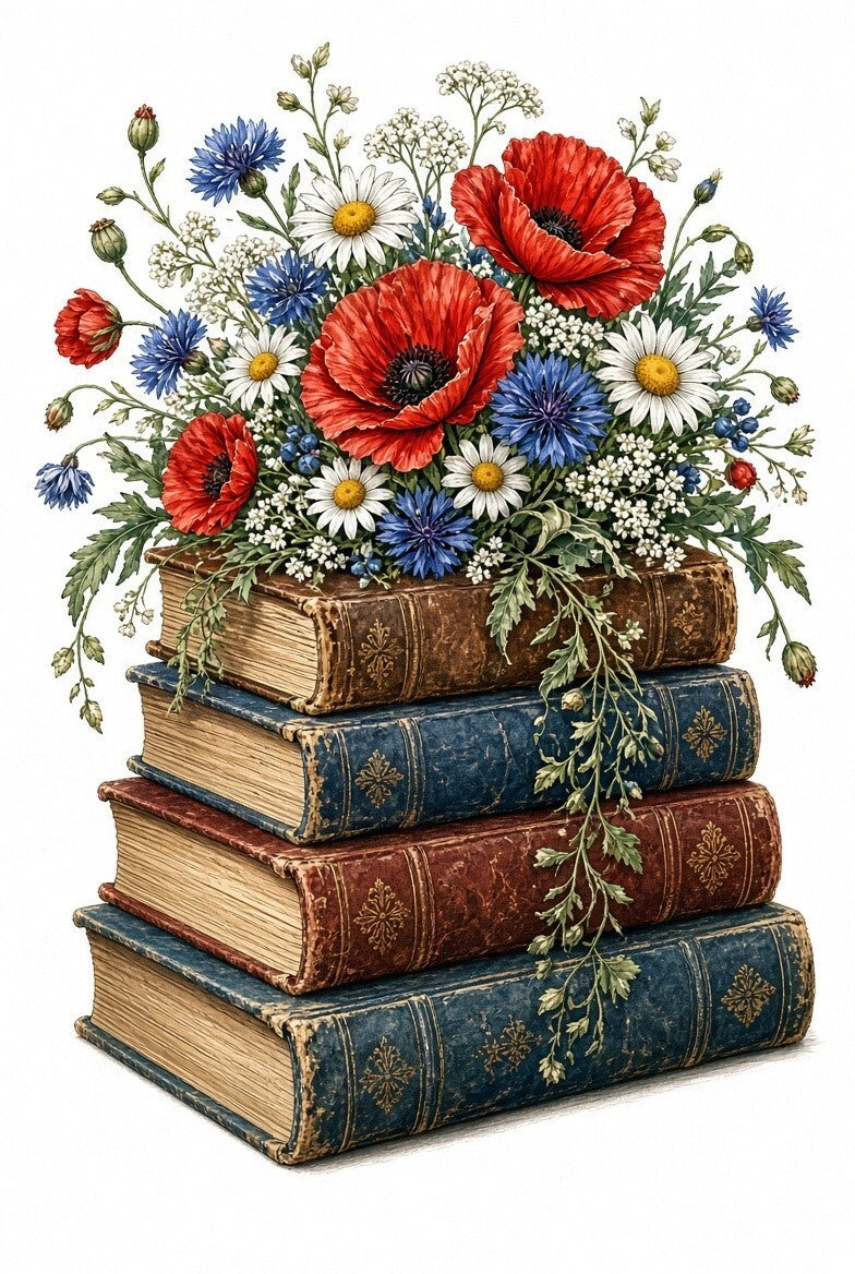 4pcs 10in Floral Antique Book Stack Poppy DTF Transfer