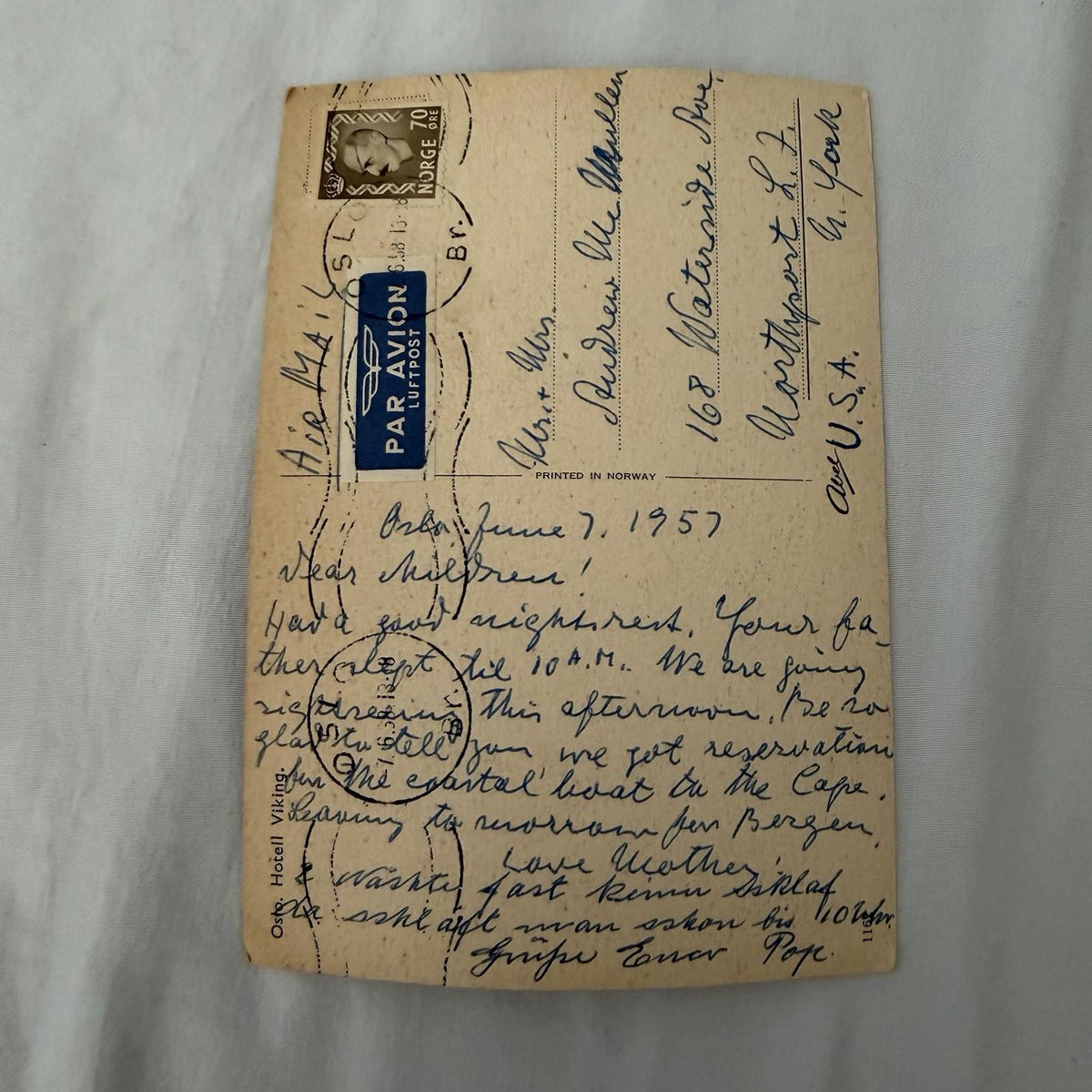 Vintage Hotel Viking Oslo Norway Postcard - 1957 Airmail to New York