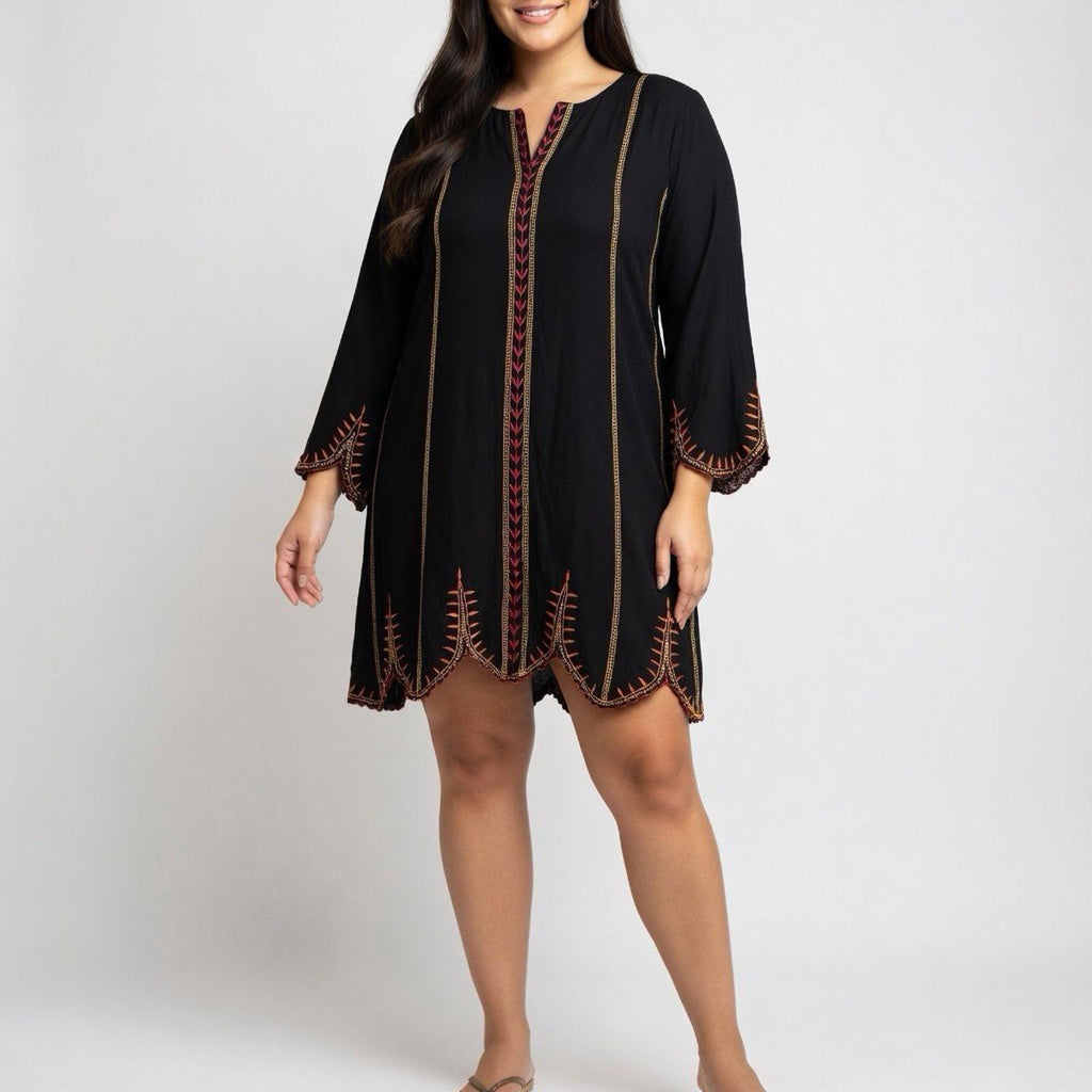 Forever 21 Black Embroidered Boho Peasant Tunic Dress Size M