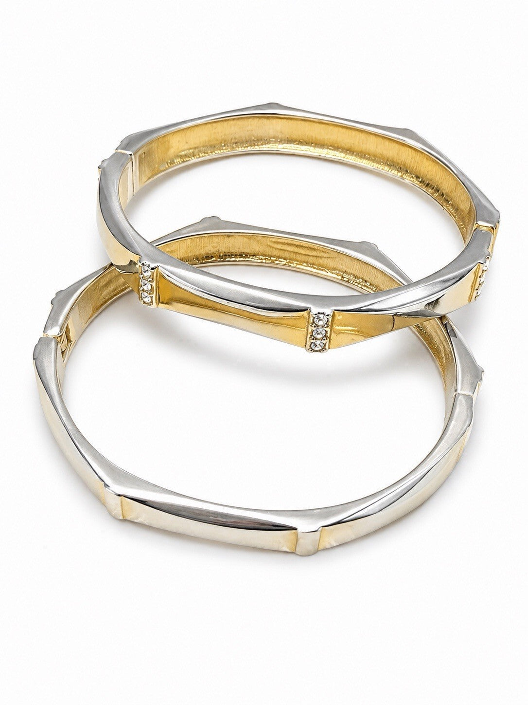 Pair Silver Tone Crystal Hinged Bangle Bracelets Geometric Stackable 2.5 Inch