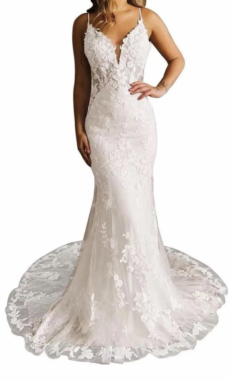 Size 18 White Lace Mermaid Wedding Dress Bridal Gown Corset Back Long Train