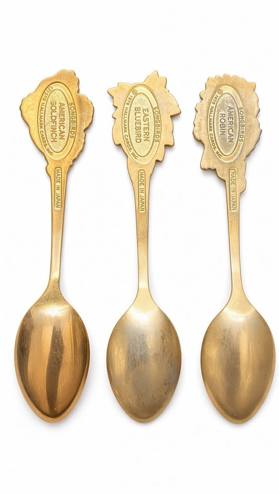 Vintage Hallmark Songbirds Enamel Spoon Set 6 Walnut Display Rack 1981 Japan