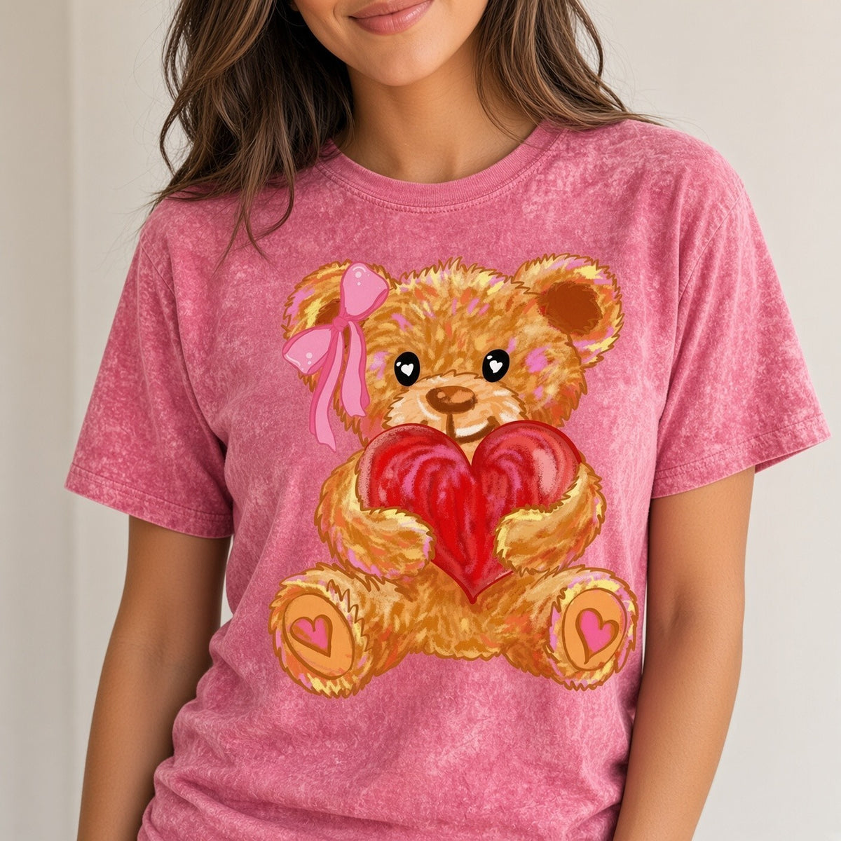 Acid Wash Pink T-Shirt Teddy Bear Heart Bow Graphic Tee Cute Valentine Gift