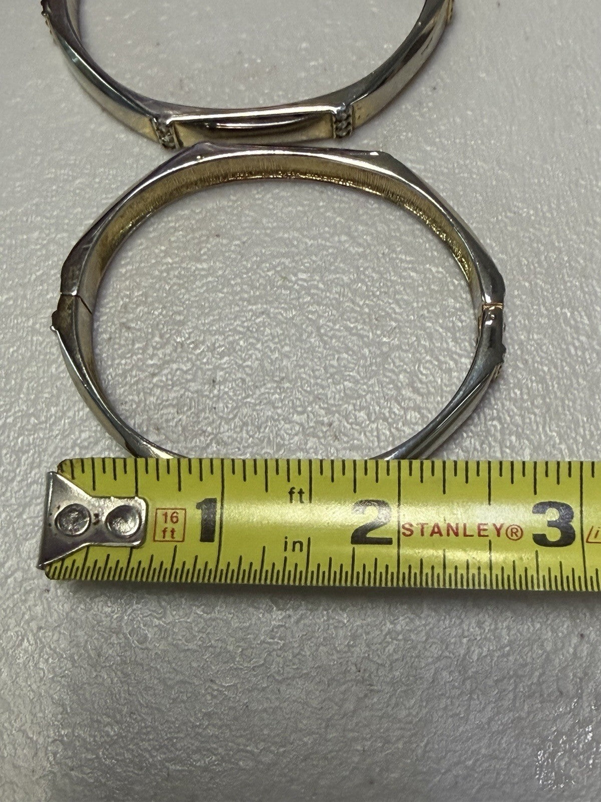Pair Silver Tone Crystal Hinged Bangle Bracelets Geometric Stackable 2.5 Inch