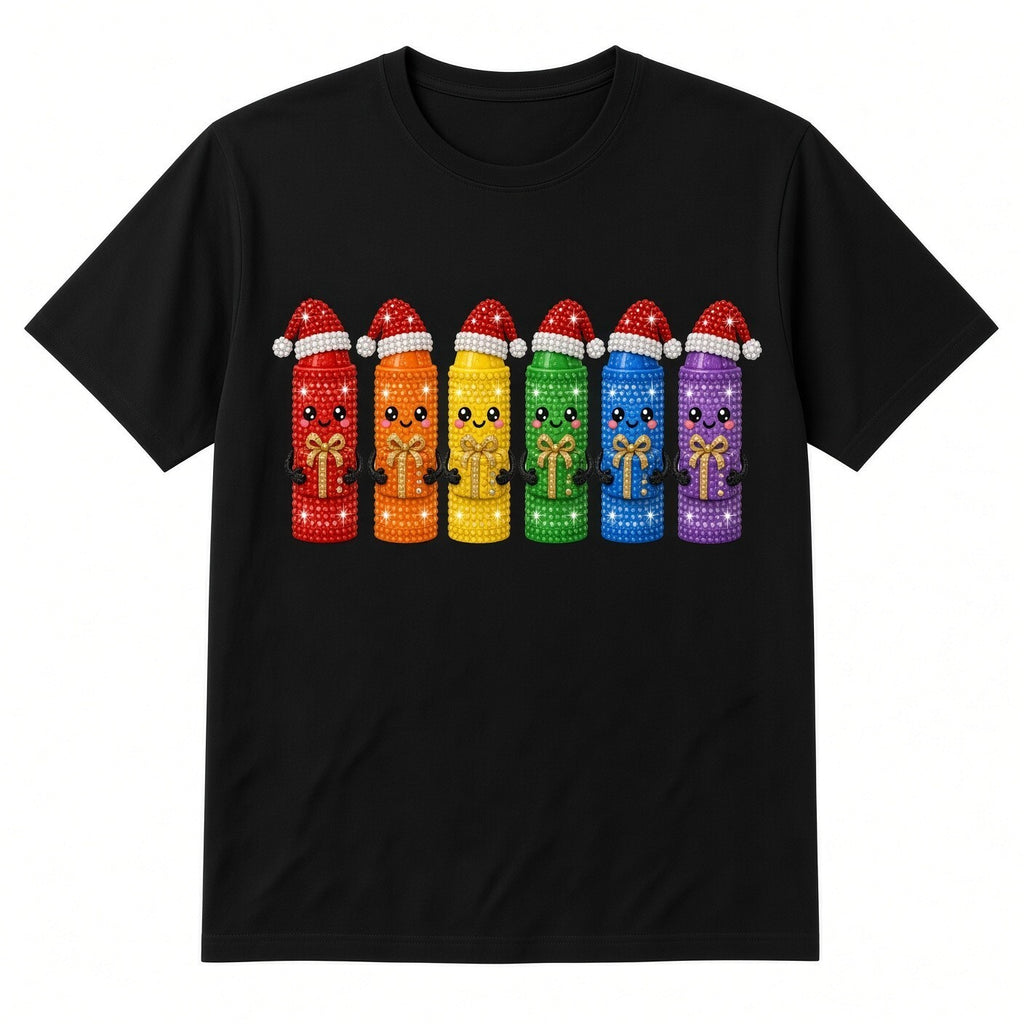 Santa Hat Crayon Characters Rainbow Christmas DTF Transfer 10" PK4