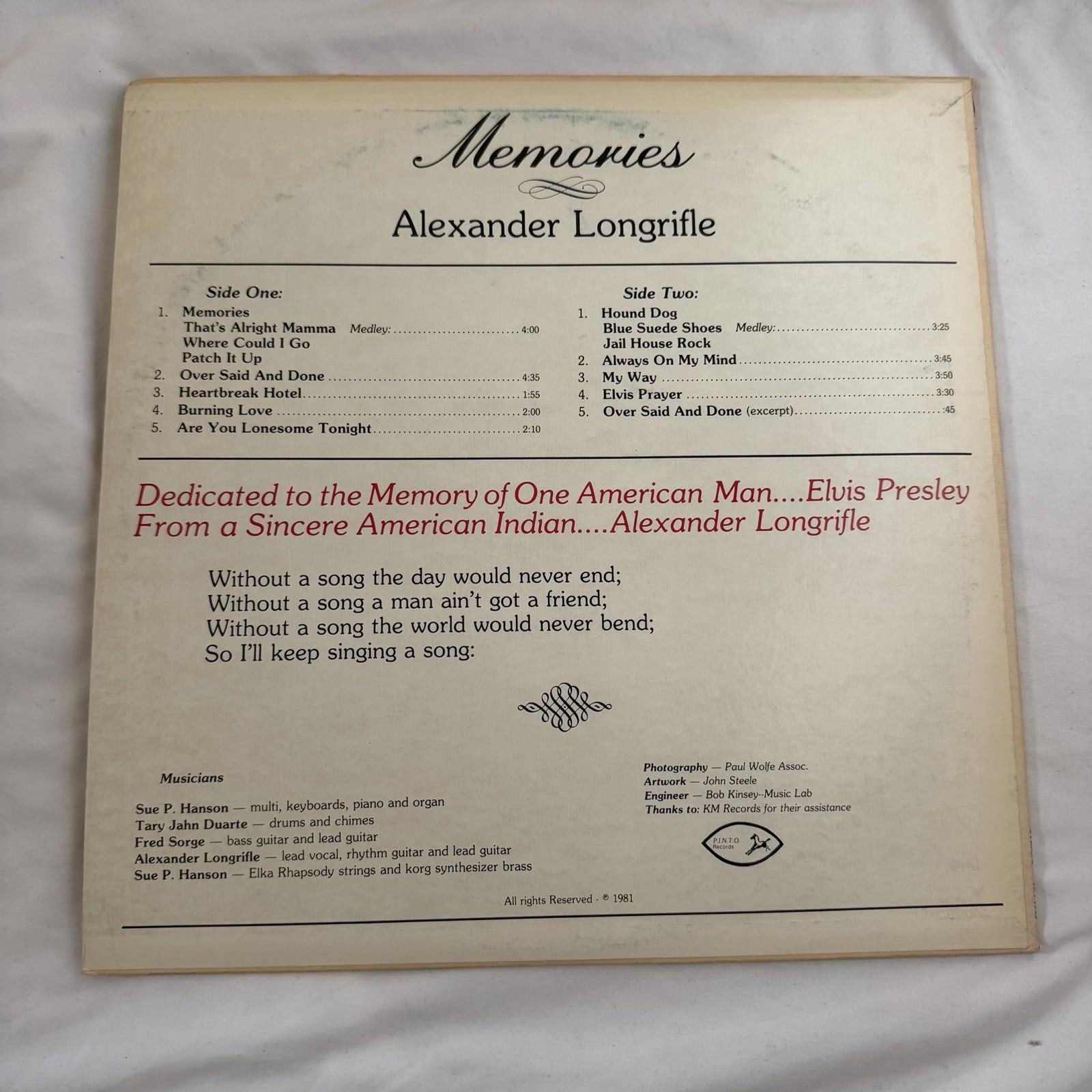 Alexander Longrifle Memories 1981 LP Elvis Tribute Pinto Records Vinyl