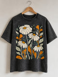 Vintage Daisy Floral Acid Wash Black T-Shirt Botanical Graphic Tee Unisex