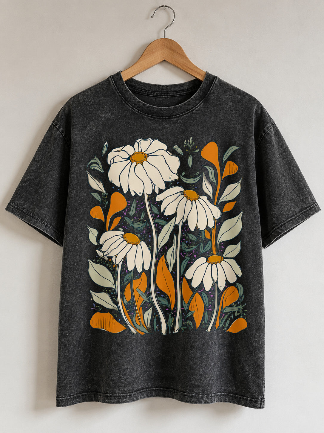 Vintage Daisy Floral Acid Wash Black T-Shirt Botanical Graphic Tee Unisex
