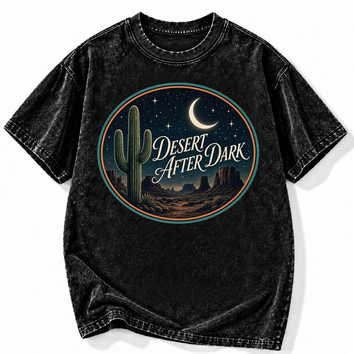Acid Wash Black Tee Desert After Dark Cactus Night Graphic Vintage