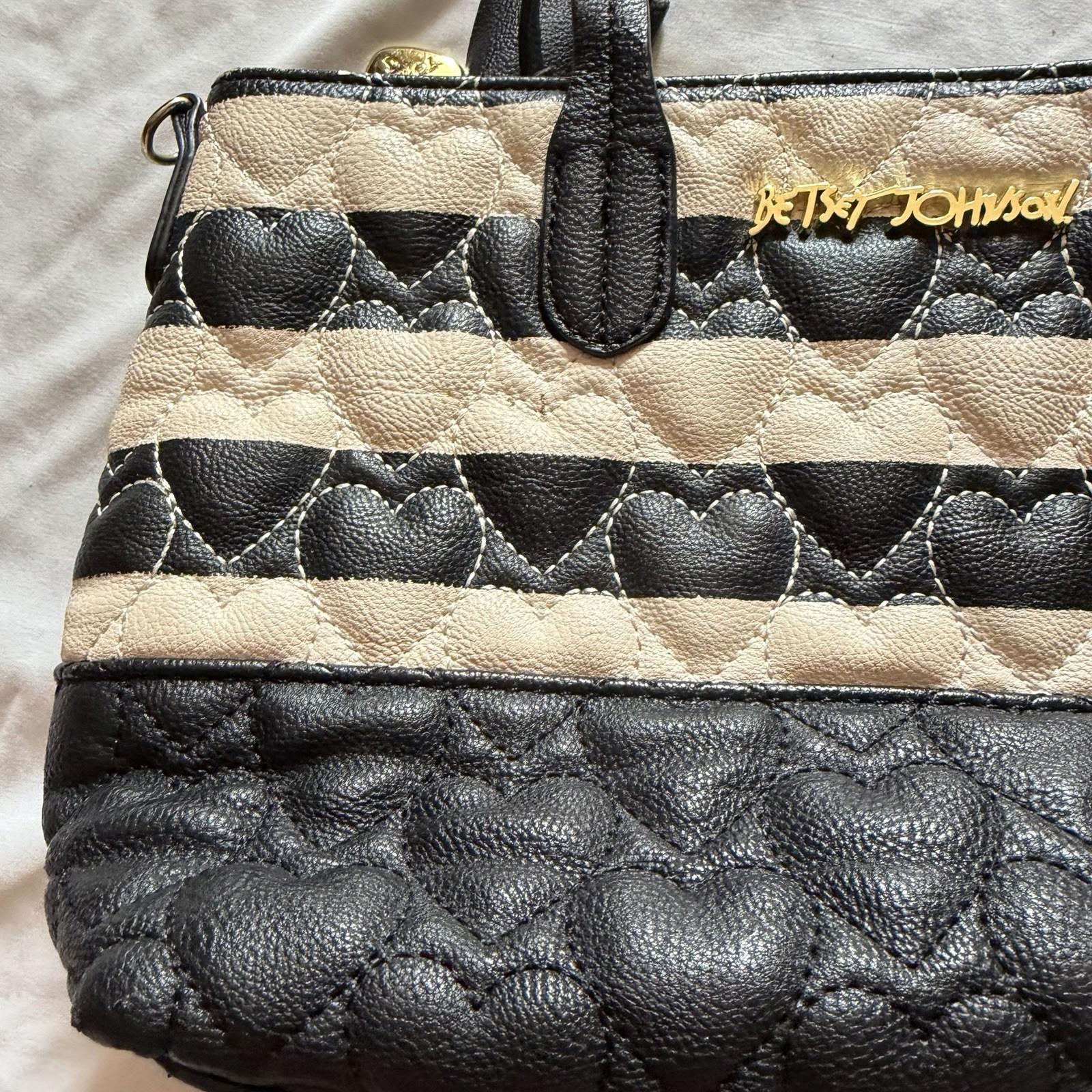 Betsey Johnson Quilted Heart Tote Black Beige Striped Bow Charm Gold Hardware