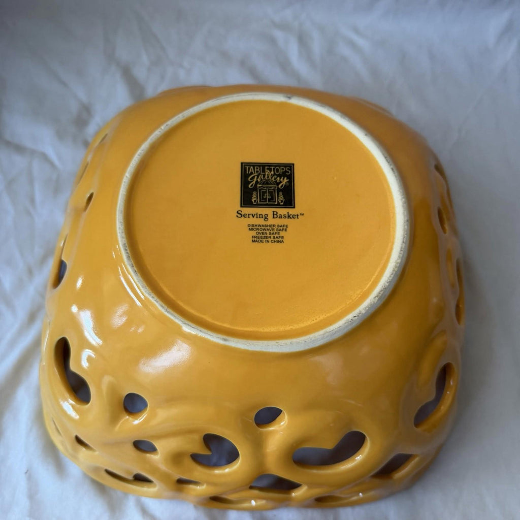 Tabletops Gallery Yellow Reticulated Serving Basket Bowl Set Pierced Stoneware