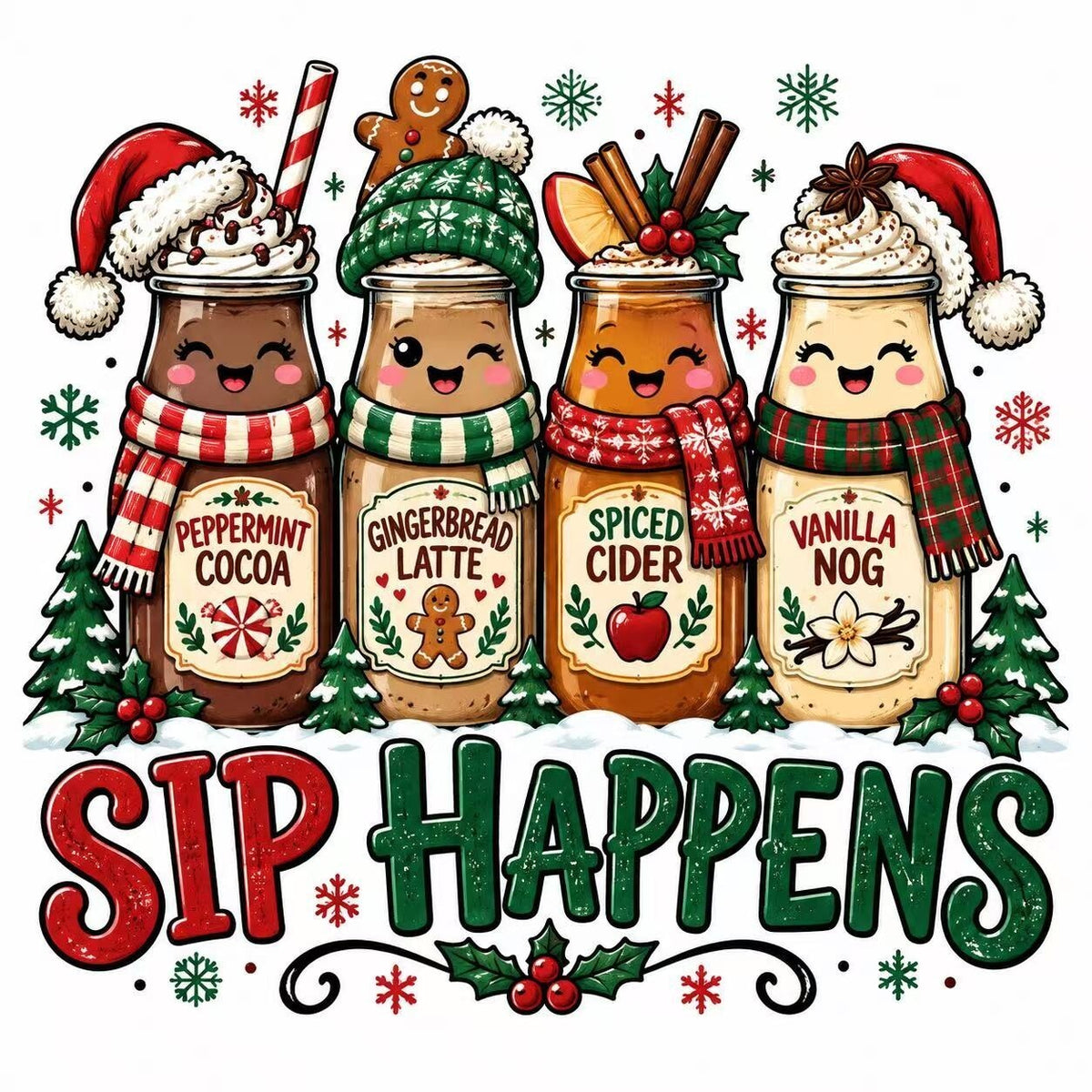 4Pcs Christmas Drink DTF Transfers 10" Sip Happens Holiday Heat Press