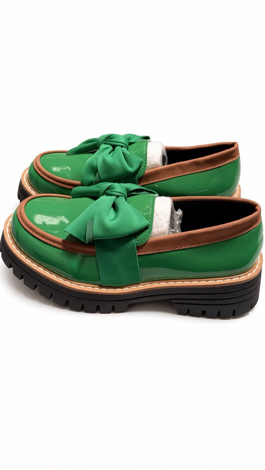 Women Green Patent Loafers Bow Accent Chunky Lug Sole Slip On Dress Shoes 39
