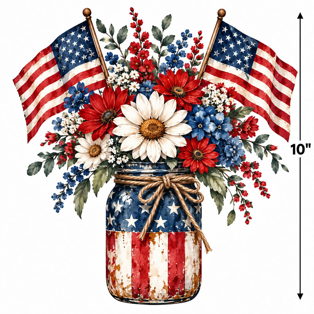 4pcs 10" Patriotic Mason Jar DTF PNG Flag Flowers Iron On Transfer