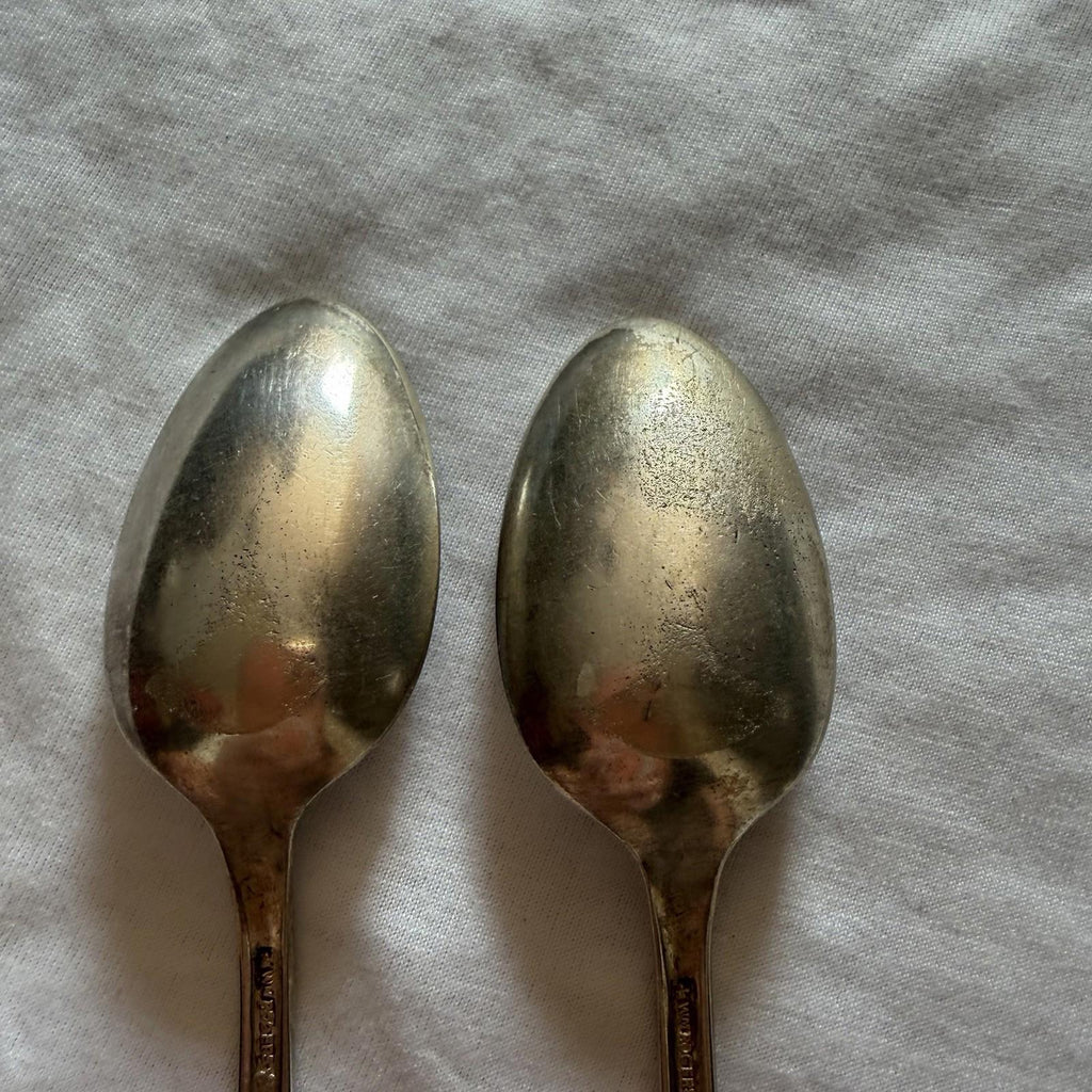Vintage Wm Rogers Overlaid IS Silverplate Teaspoons Pair Floral Handle 1940s