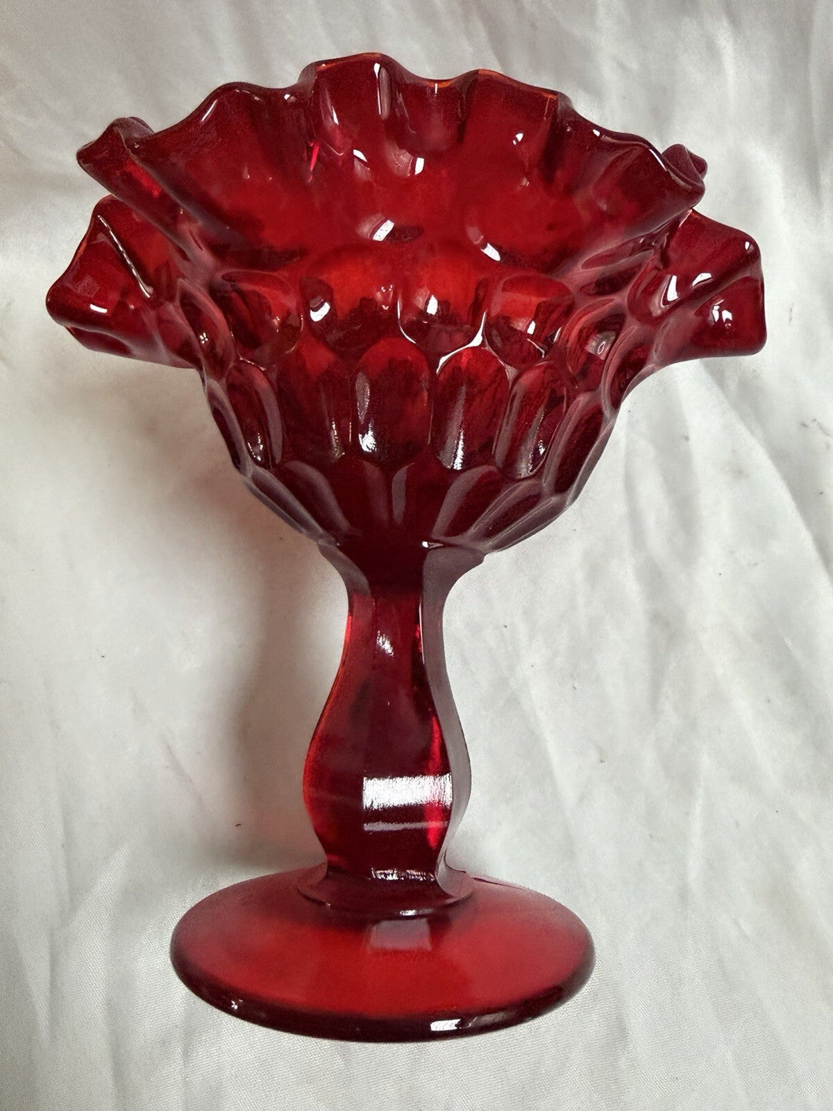 Vintage Ruby Red Hobnail Ruffled Compote Pedestal Candy Dish 6” Tall Glass