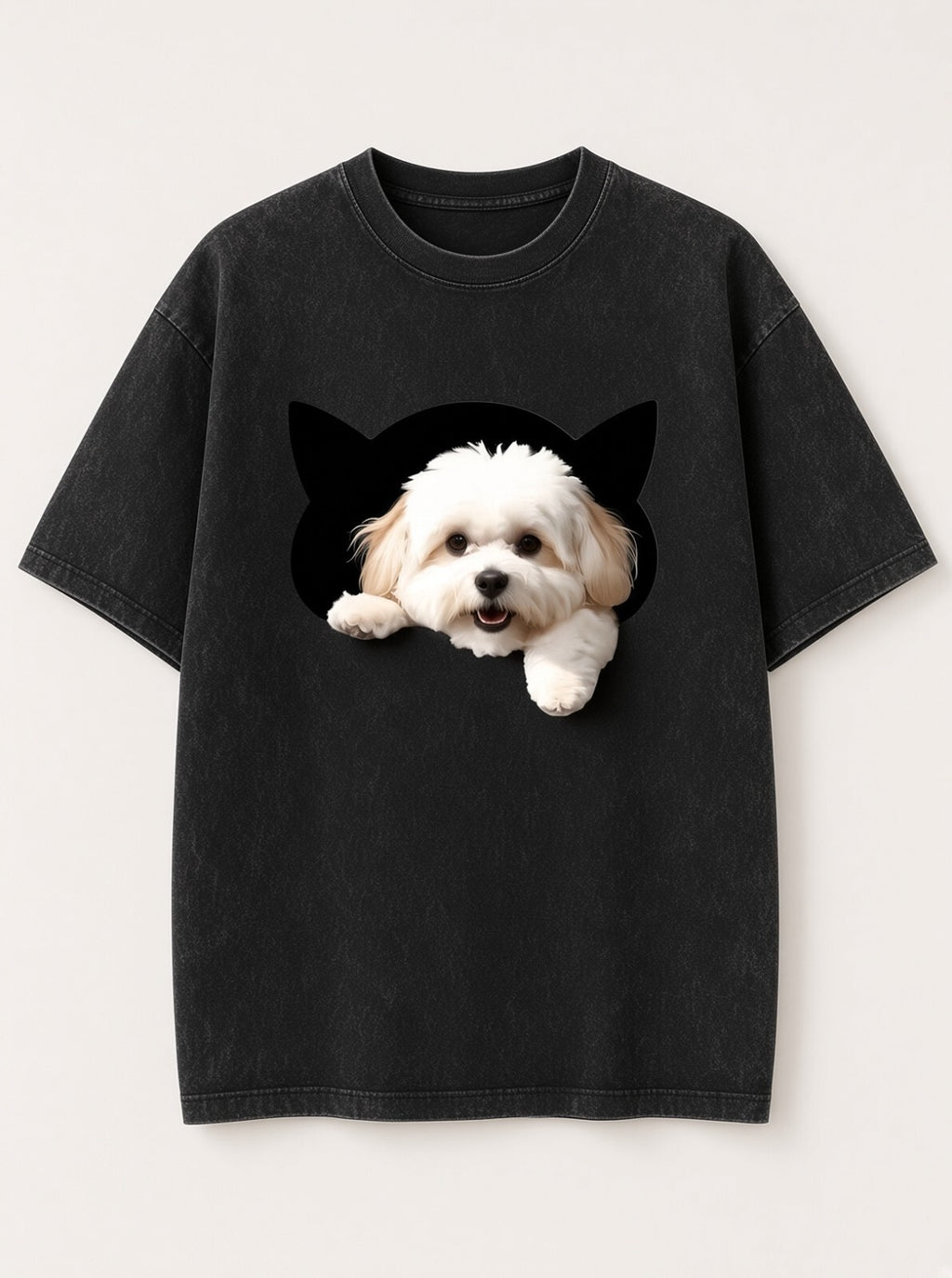 Cute Dog Peeking Out Cat Hole Acid Wash Black T-Shirt
