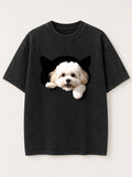Cute Dog Peeking Out Cat Hole Acid Wash Black T-Shirt