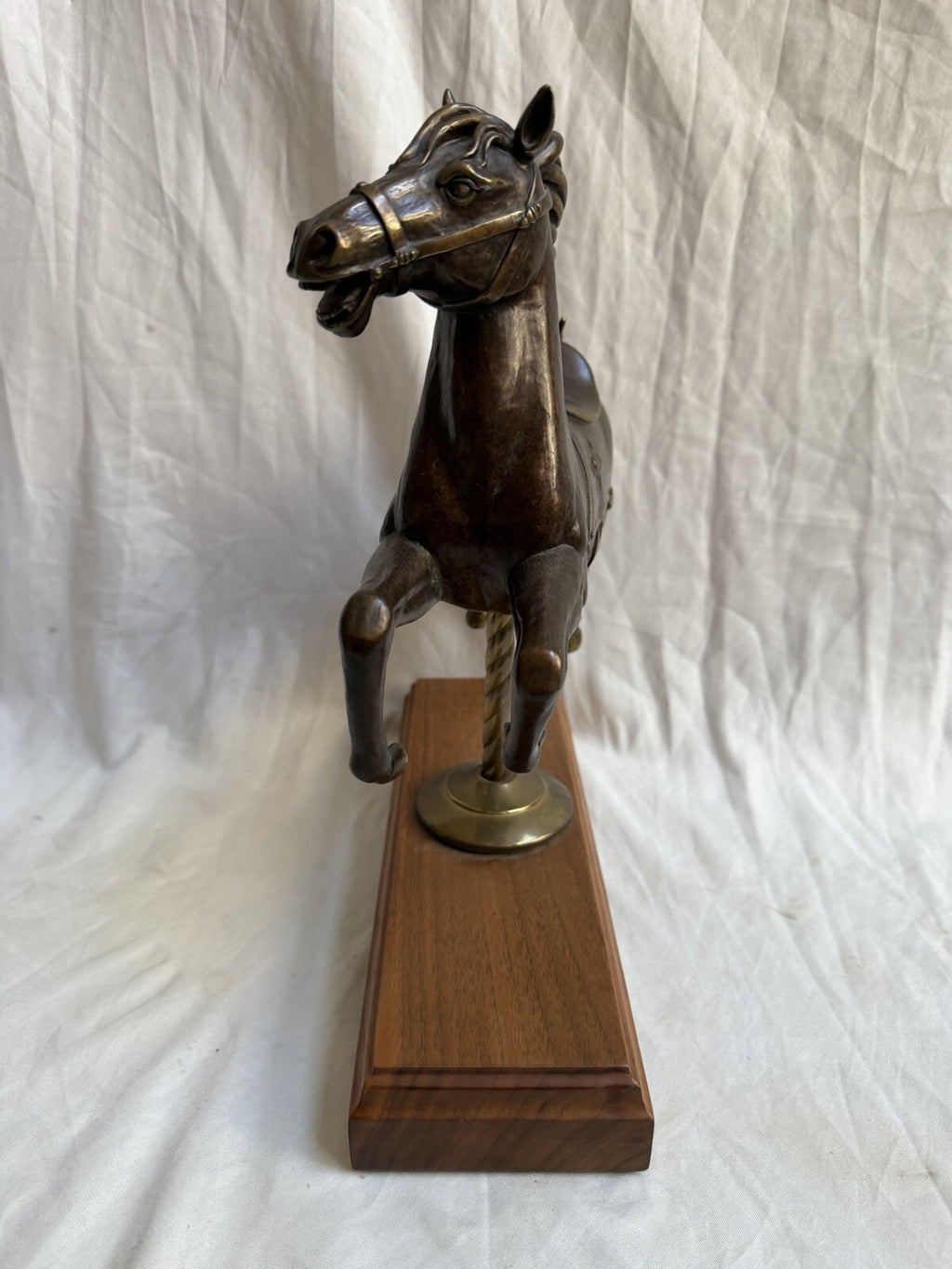 Vintage Bronze Carousel Horse Statue on Wood Base 12” Dragon Detail Brass Pole