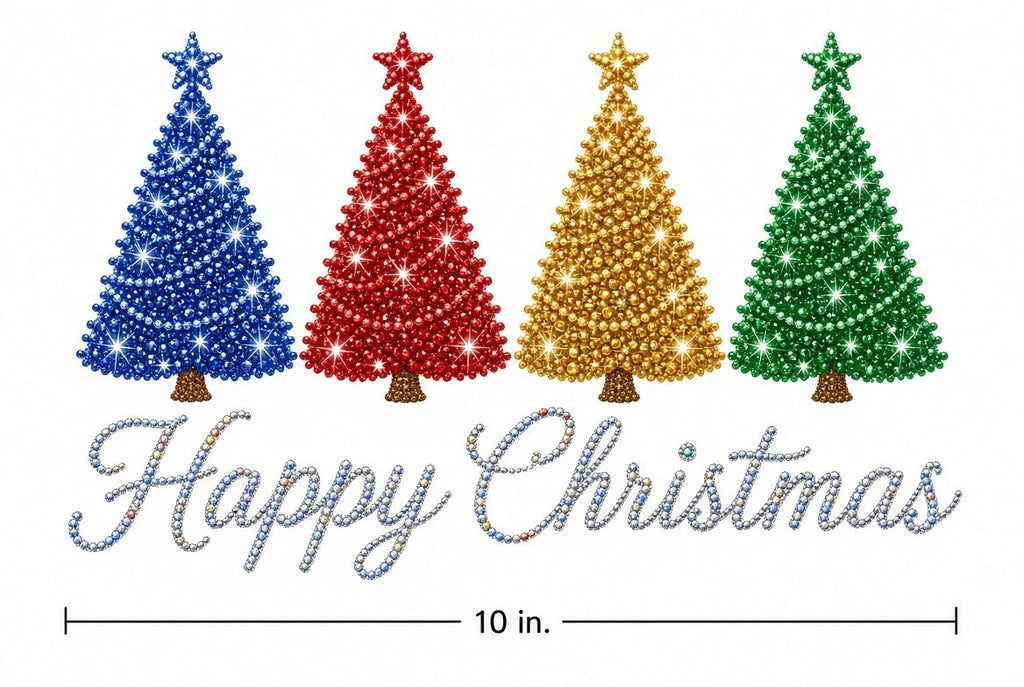 Happy Christmas Color Trees Blue Red Gold Green DTF Transfer 10" PK4