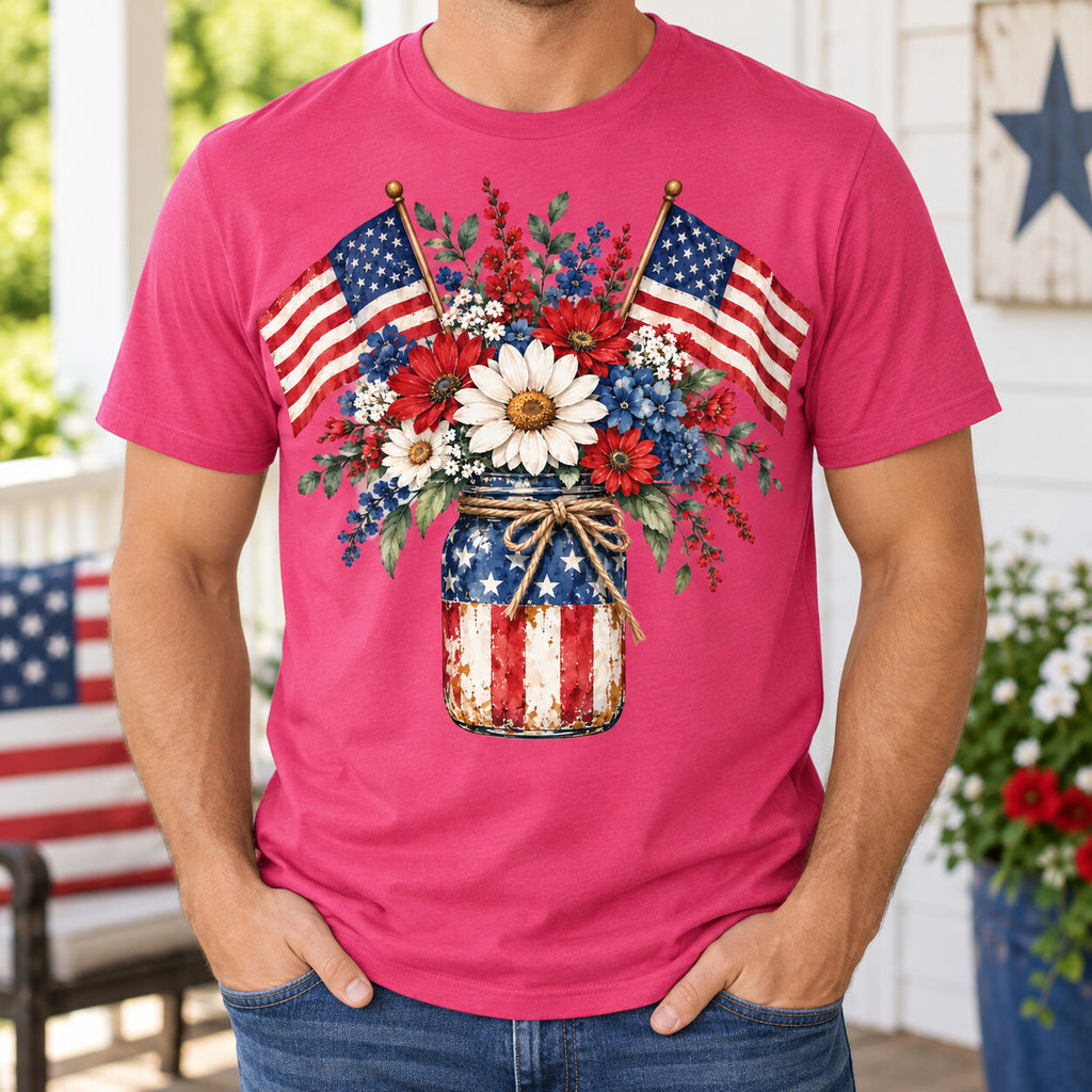 4pcs 10" Patriotic Mason Jar DTF PNG Flag Flowers Iron On Transfer