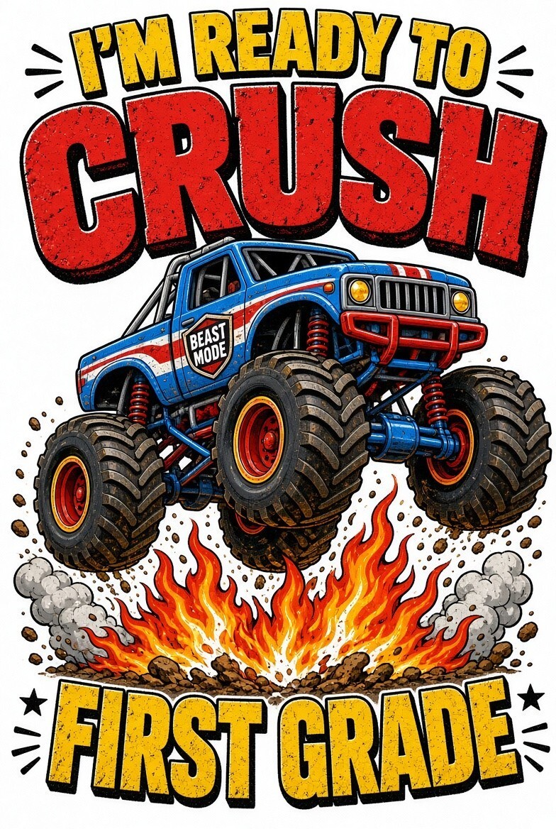 4pk 10" I'm Ready to Crush First Grade Monster Truck DTF Transfer Ready to Press