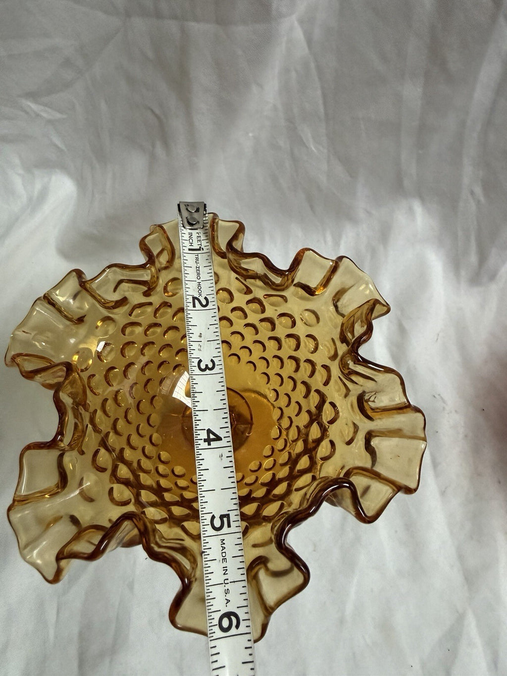 Fenton Amber Hobnail Glass Compote – Vintage Pedestal Candy Dish - Ruffled Rim