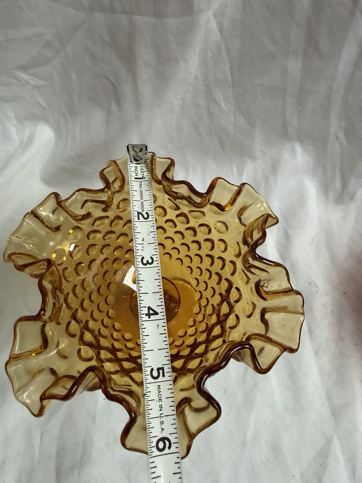Fenton Amber Hobnail Glass Compote – Vintage Pedestal Candy Dish - Ruffled Rim