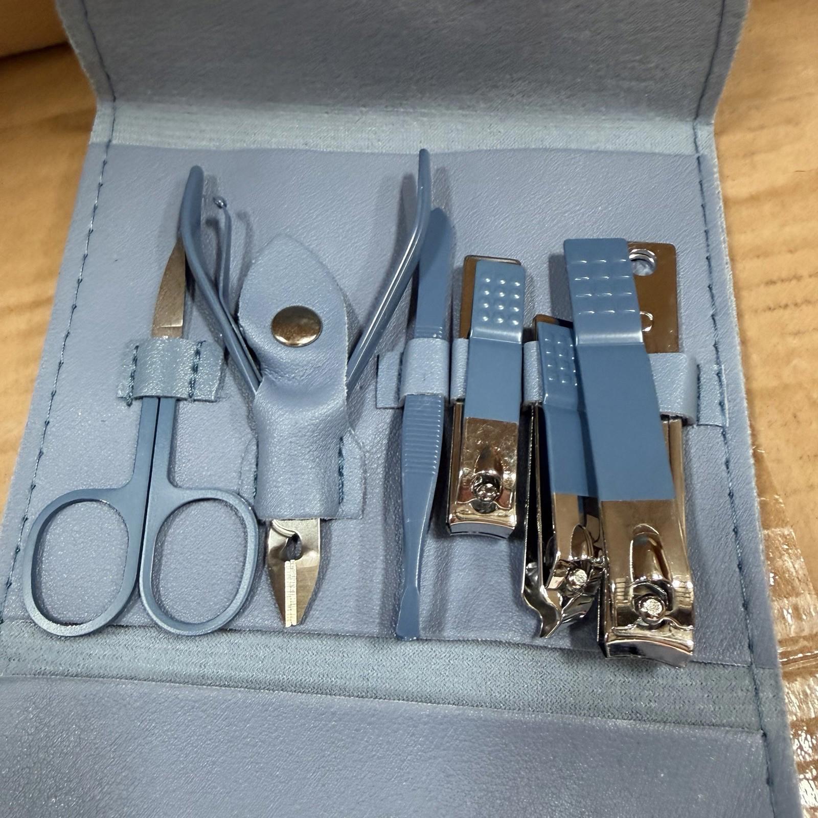 16-Piece Manicure Pedicure Set Blue Leather Case Nail Clippers Grooming Kit