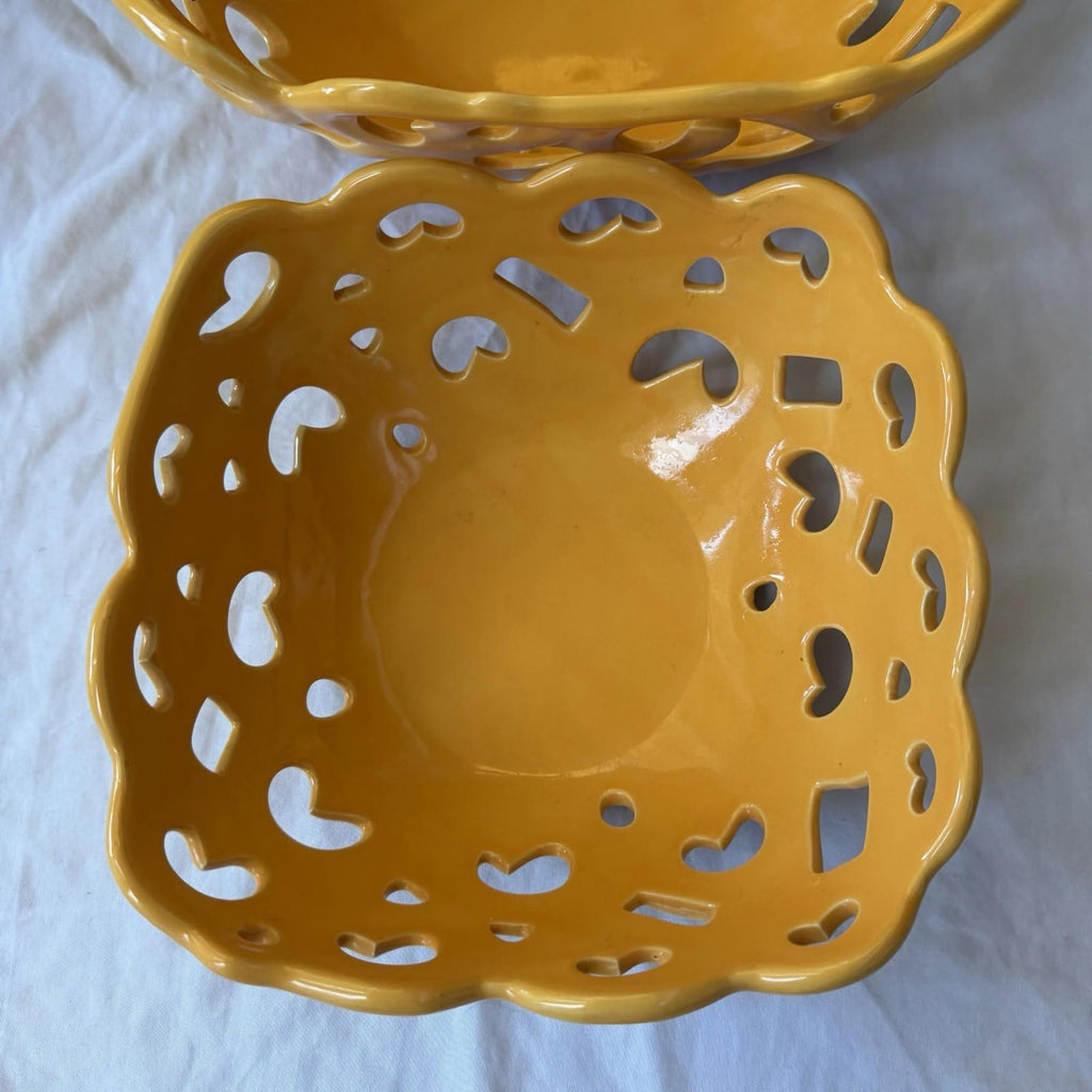 Tabletops Gallery Yellow Reticulated Serving Basket Bowl Set Pierced Stoneware