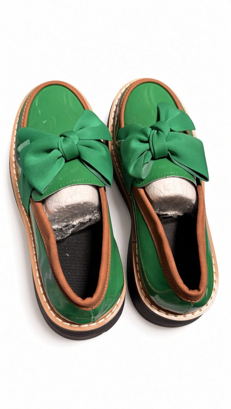Women Green Patent Loafers Bow Accent Chunky Lug Sole Slip On Dress Shoes 40