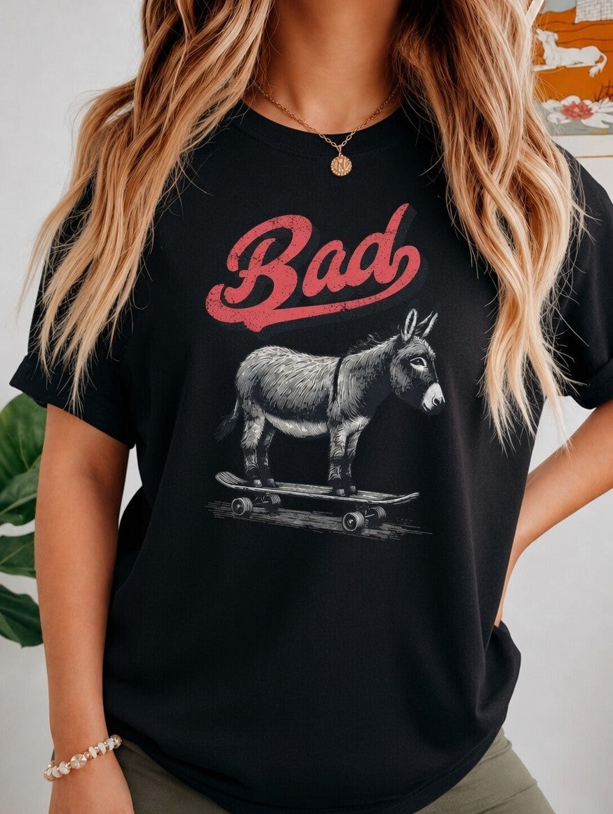 Bad Donkey Skateboard T-Shirt Funny Vintage Graphic Tee Black Royal Blue White