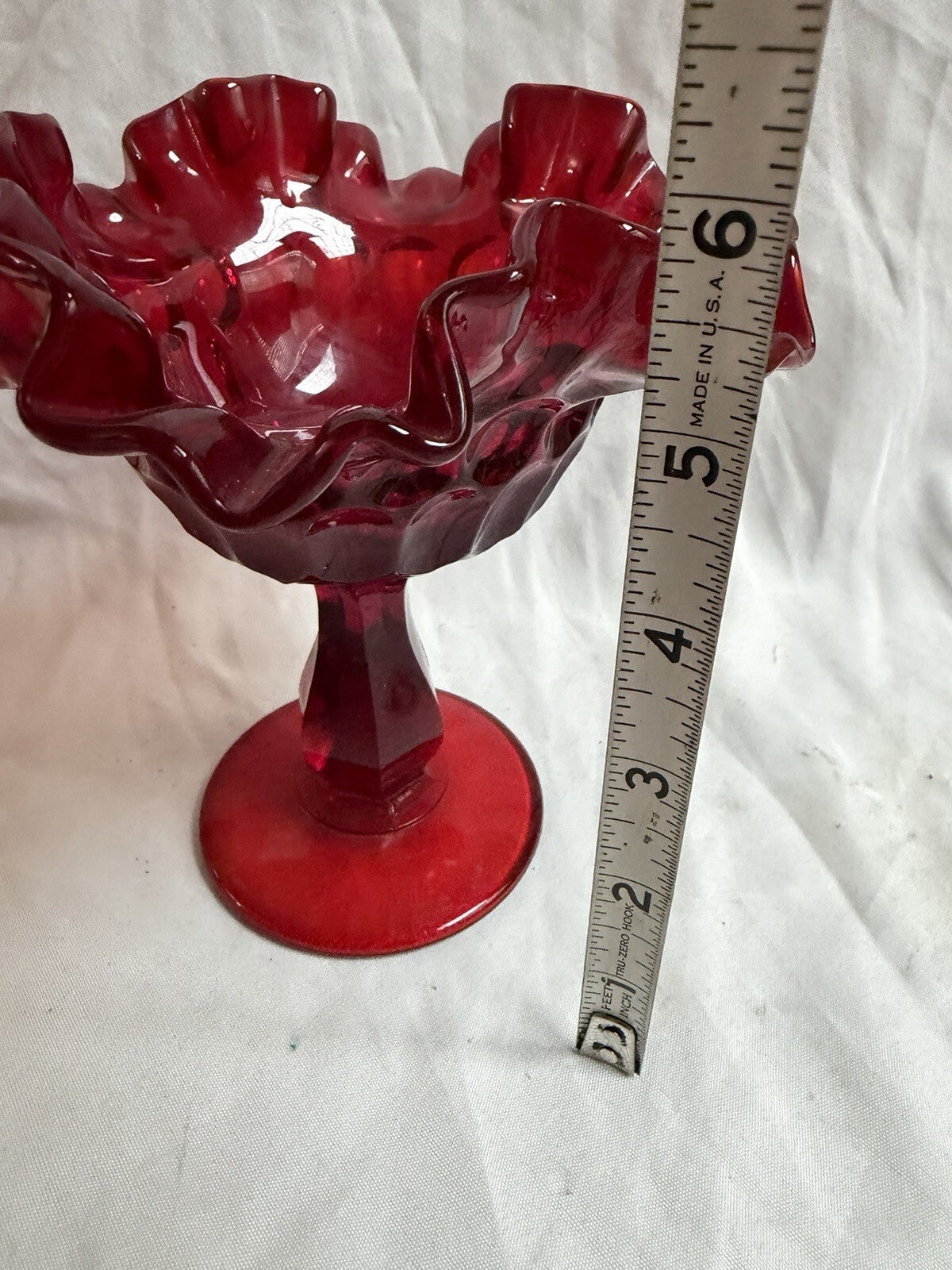 Vintage Ruby Red Hobnail Ruffled Compote Pedestal Candy Dish 6” Tall Glass