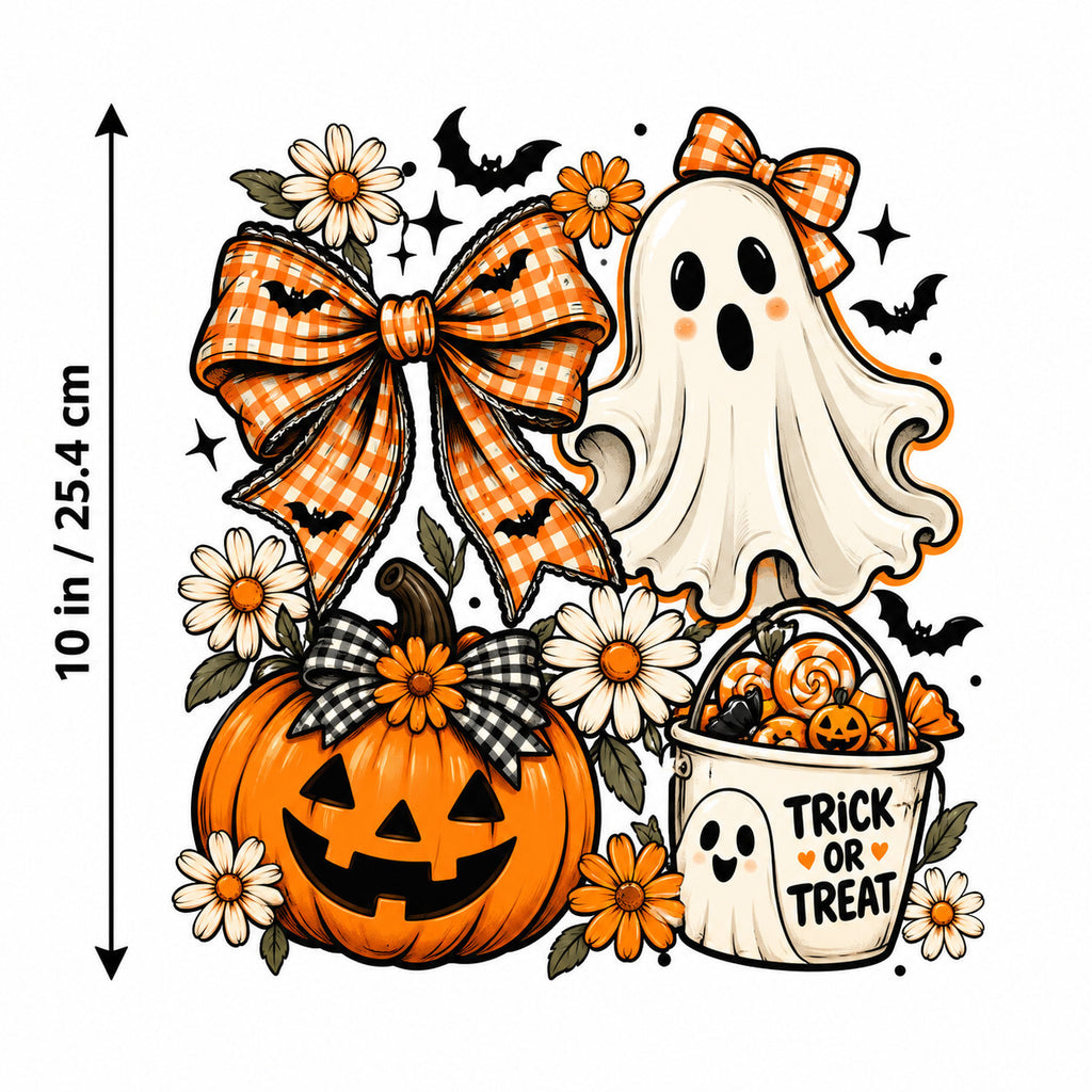 Halloween Ghost Gingham Bow DTF Transfer 10" Pk4 Pumpkin Treat Heat Press