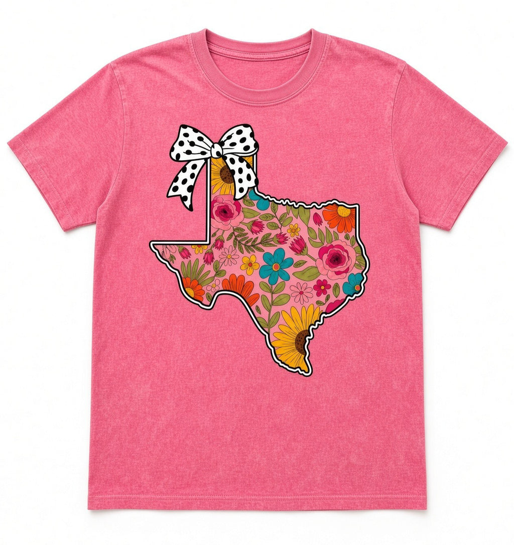 Acid Wash Pink Tee Floral Texas Shirt Polka Dot Bow Wildflower State Gift