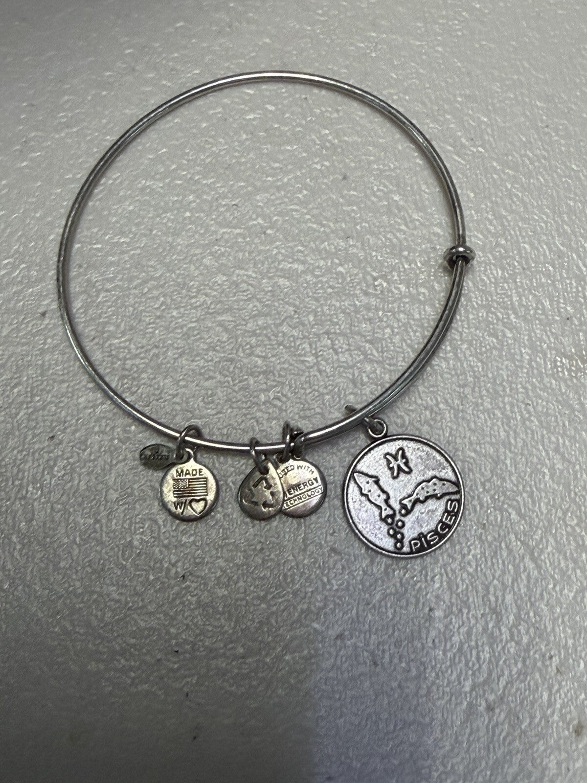 Alex and Ani Pisces Zodiac Charm Expandable Bangle Bracelet Silver Tone