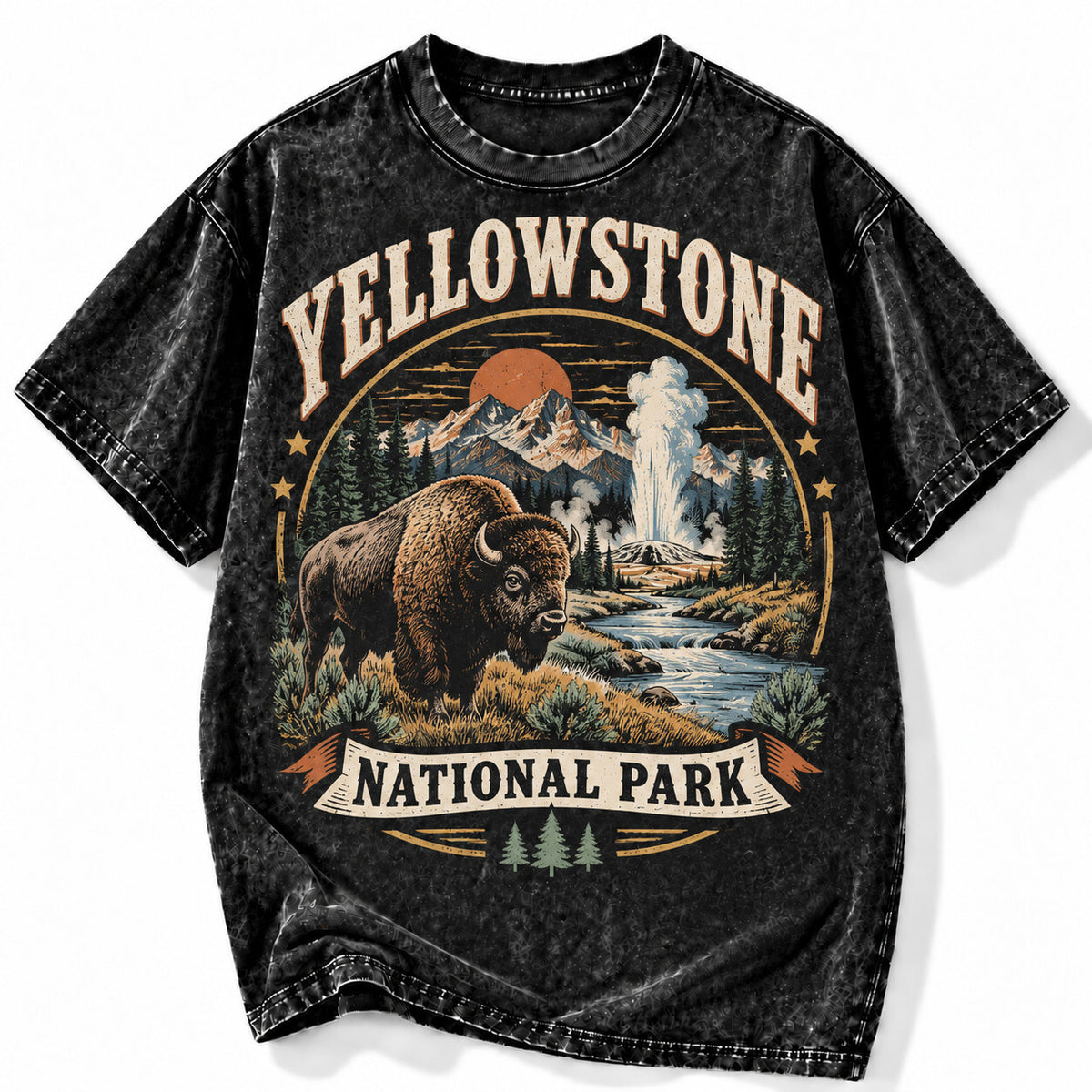Yellowstone National Park Bison Acid Wash Black T-Shirt Vintage Graphic Tee
