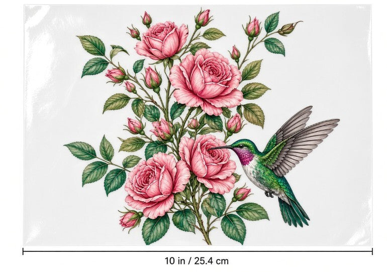 4Pcs 10" Pink Rose Hummingbird Floral DTF Transfer Heat Press Iron On