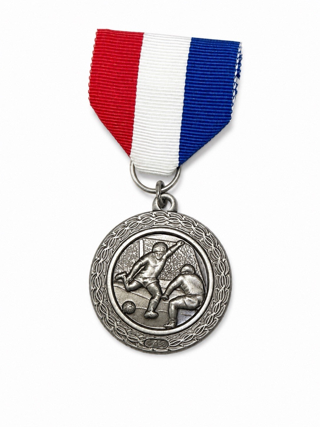Vintage Soccer Award Medal Silver Tone Red White Blue Ribbon Sports Trophy Medal