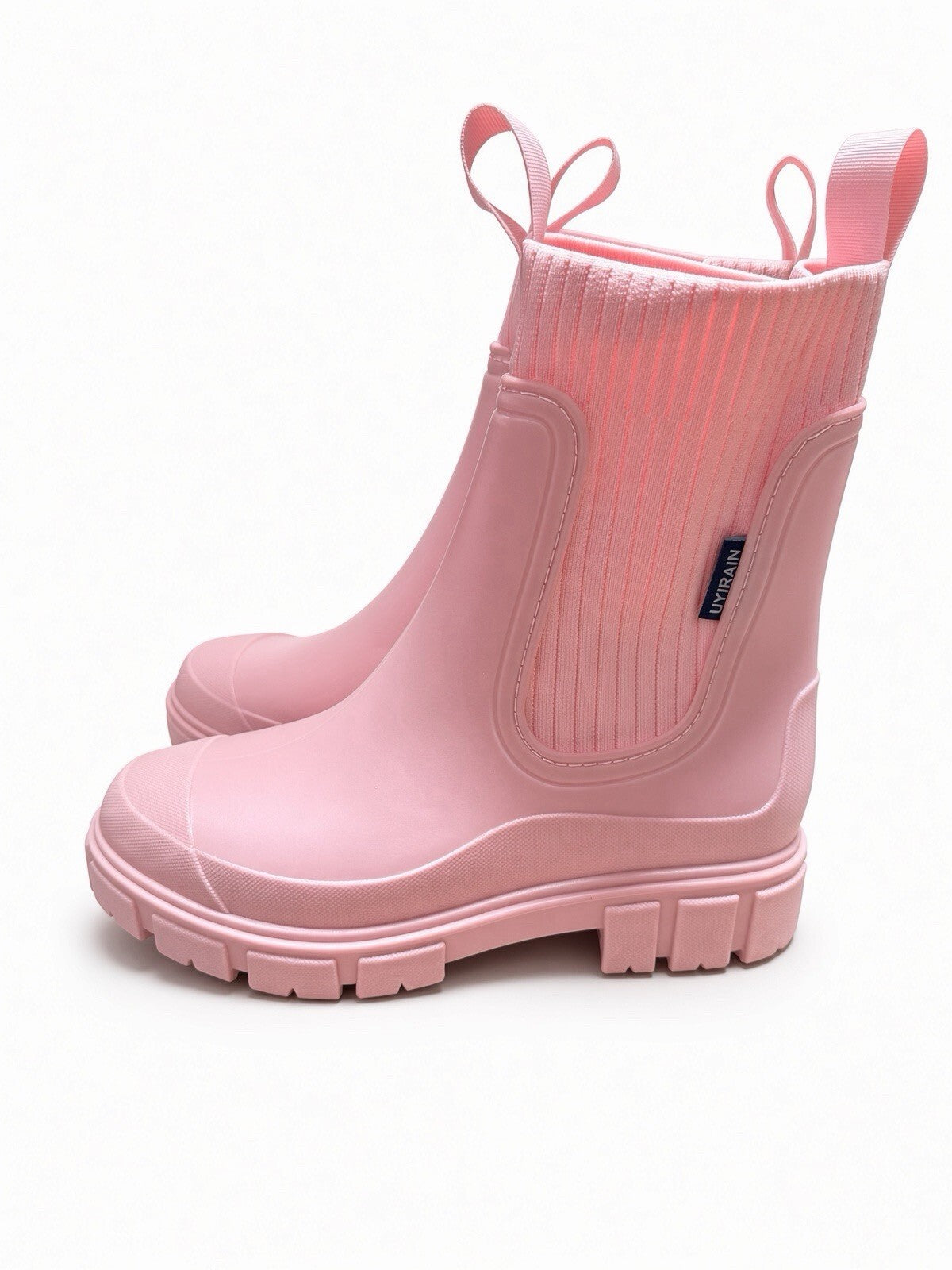 Pink Rain Boots Women Chelsea Sock Knit Waterproof Chunky Sole US 8 EU 39