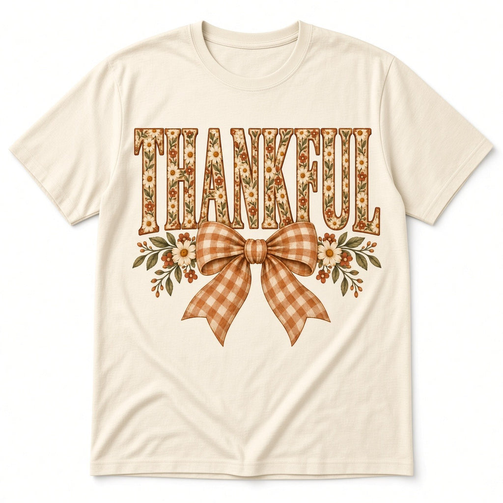 4PCS DTF Transfer Thankful Floral Letters Gingham Bow 10in Iron On