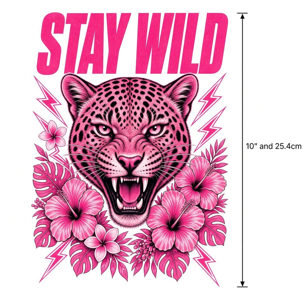 4PCS 10"  DTF Transfer Stay Wild Pink Leopard Lightning Flowers Graphic Iron On